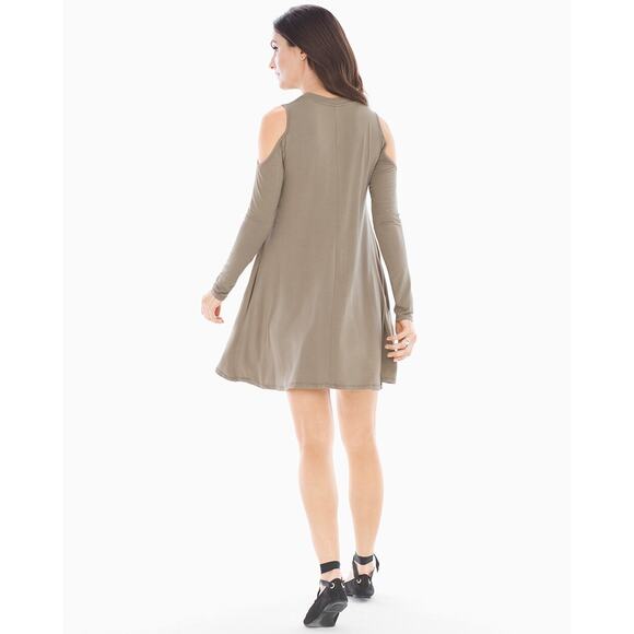 NWT Elan Soma Olive Dress S Cold Shoulder Flounce Relaxed Fit Stretch Casual - Picture 6 of 15
